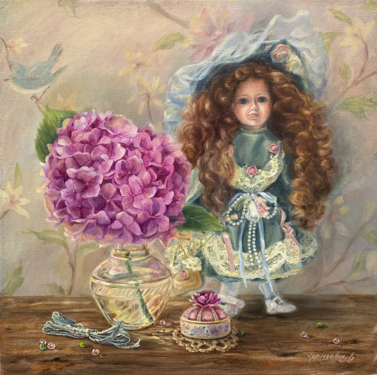 Картина Натюрморт с куклой и гортензией 